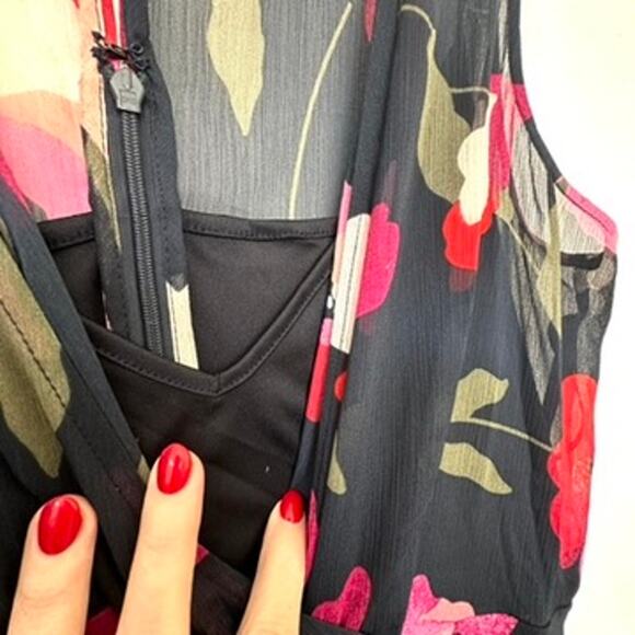 Calvin Klein Navy Blue/Pink Floral High-Low Midi Dress, Size 6 - Picture 9 of 9